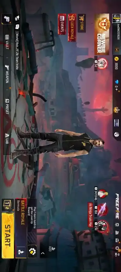 The Free Fire lobby as presented for the proxy server build, character ready at the Battle Royale start screen